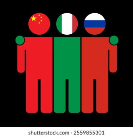 Flat illustration of three human figures with China, Italy, and Russia flags as heads. Minimalistic design, isolated background.