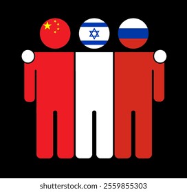 Flat illustration of three human figures with China, Israel, and Russia flags as heads. Minimalistic design, isolated background.