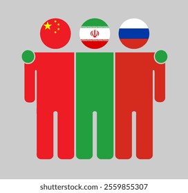 Flat illustration of three human figures with China, Iran, and Russia flags as heads. Minimalistic design, isolated background.