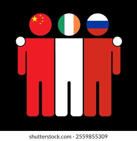 Flat illustration of three human figures with China, , and Russia flags as heads. Minimalistic design, isolated background.