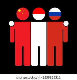 Flat illustration of three human figures with China, , and Russia flags as heads. Minimalistic design, isolated background.