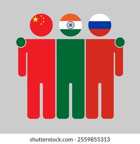 Flat illustration of three human figures with China, India, and Russia flags as heads. Minimalistic design, isolated background.