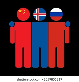 Flat illustration of three human figures with China, Iceland, and Russia flags as heads. Minimalistic design, isolated background.