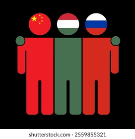 Flat illustration of three human figures with China, Hungary, and Russia flags as heads. Minimalistic design, isolated background.