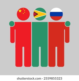 Flat illustration of three human figures with China, Guyana, and Russia flags as heads. Minimalistic design, isolated background.