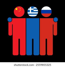 Flat illustration of three human figures with China, Greece, and Russia flags as heads. Minimalistic design, isolated background.