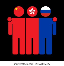 Flat illustration of three human figures with China, Hong Kong, and Russia flags as heads. Minimalistic design, isolated background.