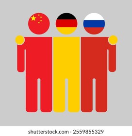 Flat illustration of three human figures with China, Germany, and Russia flags as heads. Minimalistic design, isolated background.