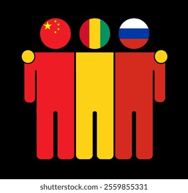 Flat illustration of three human figures with China, Guinea, and Russia flags as heads. Minimalistic design, isolated background.