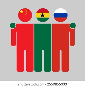 Flat illustration of three human figures with China, Ghana, and Russia flags as heads. Minimalistic design, isolated background.