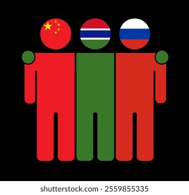 Flat illustration of three human figures with China, Gambia, and Russia flags as heads. Minimalistic design, isolated background.