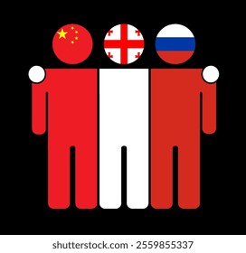 Flat illustration of three human figures with China, Georgia, and Russia flags as heads. Minimalistic design, isolated background.