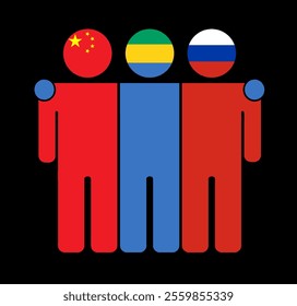 Flat illustration of three human figures with China, Gabon, and Russia flags as heads. Minimalistic design, isolated background.