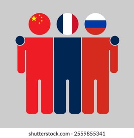 Flat illustration of three human figures with China, , and Russia flags as heads. Minimalistic design, isolated background.