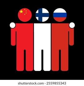 Flat illustration of three human figures with China, Finland, and Russia flags as heads. Minimalistic design, isolated background.