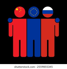 Flat illustration of three human figures with China, EU, and Russia flags as heads. Minimalistic design, isolated background.