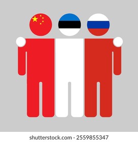 Flat illustration of three human figures with China, Estonia, and Russia flags as heads. Minimalistic design, isolated background.