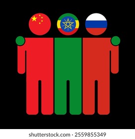 Flat illustration of three human figures with China, Ethiopia, and Russia flags as heads. Minimalistic design, isolated background.