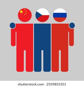 Flat illustration of three human figures with China, Czech Republic, and Russia flags as heads. Minimalistic design, isolated background.