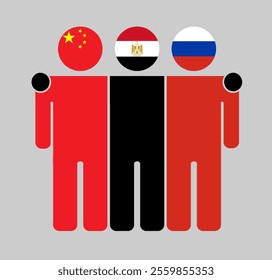 Flat illustration of three human figures with China, Egypt, and Russia flags as heads. Minimalistic design, isolated background.