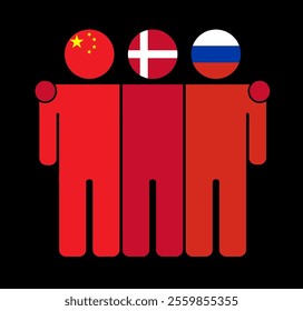 Flat illustration of three human figures with China, Denmark, and Russia flags as heads. Minimalistic design, isolated background.