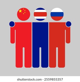 Flat illustration of three human figures with China, Costa Rica, and Russia flags as heads. Minimalistic design, isolated background.