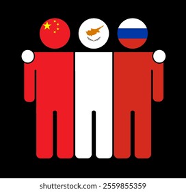 Flat illustration of three human figures with China, Cyprus, and Russia flags as heads. Minimalistic design, isolated background.