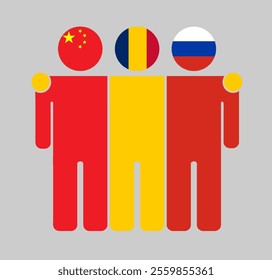 Flat illustration of three human figures with China, Chad, and Russia flags as heads. Minimalistic design, isolated background.