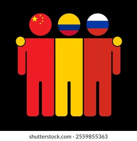 Flat illustration of three human figures with China, Colombia, and Russia flags as heads. Minimalistic design, isolated background.