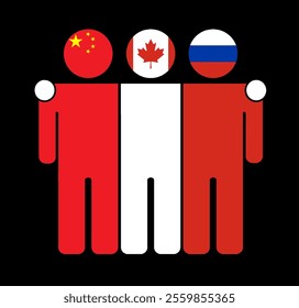 Flat illustration of three human figures with China, Canada, and Russia flags as heads. Minimalistic design, isolated background.