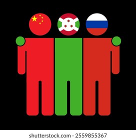 Flat illustration of three human figures with China, Burundi, and Russia flags as heads. Minimalistic design, isolated background.