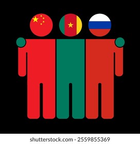 Flat illustration of three human figures with China, Cameroon, and Russia flags as heads. Minimalistic design, isolated background.