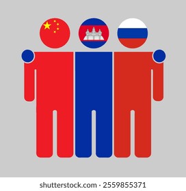 Flat illustration of three human figures with China, Cambodia, and Russia flags as heads. Minimalistic design, isolated background.