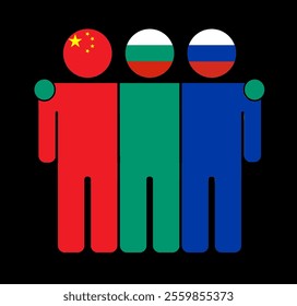 Flat illustration of three human figures with China, Bulgaria, and Russia flags as heads. Minimalistic design, isolated background.