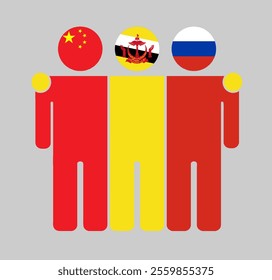 Flat illustration of three human figures with China, Brunei Darussalam, and Russia flags as heads. Minimalistic design, isolated background.