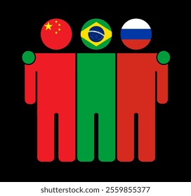 Flat illustration of three human figures with China, Brazil, and Russia flags as heads. Minimalistic design, isolated background.