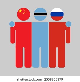 Flat illustration of three human figures with China, Botswana, and Russia flags as heads. Minimalistic design, isolated background.