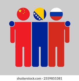 Flat illustration of three human figures with China, Bosnia and Herzegovina, and Russia flags as heads. Minimalistic design, isolated background.