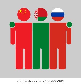 Flat illustration of three human figures with China, Belarus, and Russia flags as heads. Minimalistic design, isolated background.