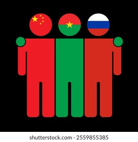 Flat illustration of three human figures with China, Burkina Faso, and Russia flags as heads. Minimalistic design, isolated background.