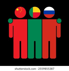 Flat illustration of three human figures with China, Benin, and Russia flags as heads. Minimalistic design, isolated background.