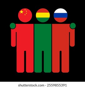 Flat illustration of three human figures with China, Bolivia, and Russia flags as heads. Minimalistic design, isolated background.