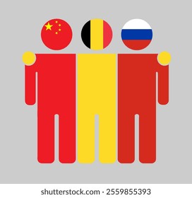 Flat illustration of three human figures with China, Belgium, and Russia flags as heads. Minimalistic design, isolated background.