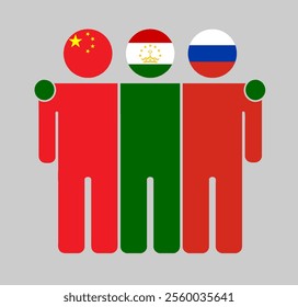 Flat illustration of three human figures with China, Tajikistan, and Russia flags as heads. Minimalistic design, isolated background.