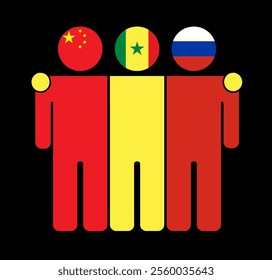 Flat illustration of three human figures with China, Senegal, and Russia flags as heads. Minimalistic design, isolated background.