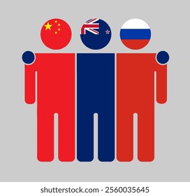 Flat illustration of three human figures with China, New Zealand, and Russia flags as heads. Minimalistic design, isolated background.