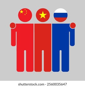 Flat illustration of three human figures with China, Vietnam, and Russia flags as heads. Minimalistic design, isolated background.