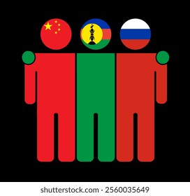 Flat illustration of three human figures with China, New Caledonia, and Russia flags as heads. Minimalistic design, isolated background.