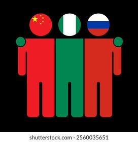 Flat illustration of three human figures with China, Nigeria, and Russia flags as heads. Minimalistic design, isolated background.