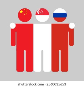 Flat illustration of three human figures with China, Singapore, and Russia flags as heads. Minimalistic design, isolated background.